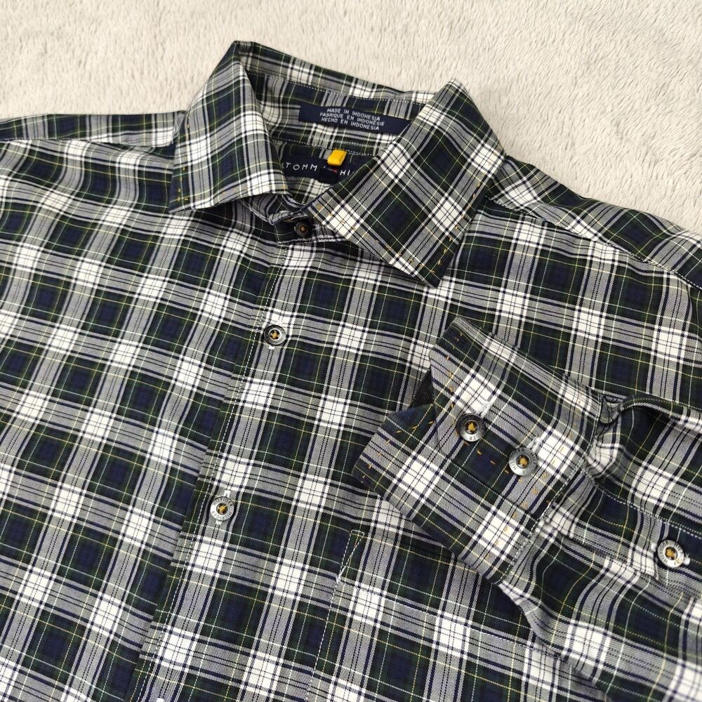 Tommy Hilfiger Plaid Shirt Men's L Blue Green Grid Cotton Lightweight Soft
